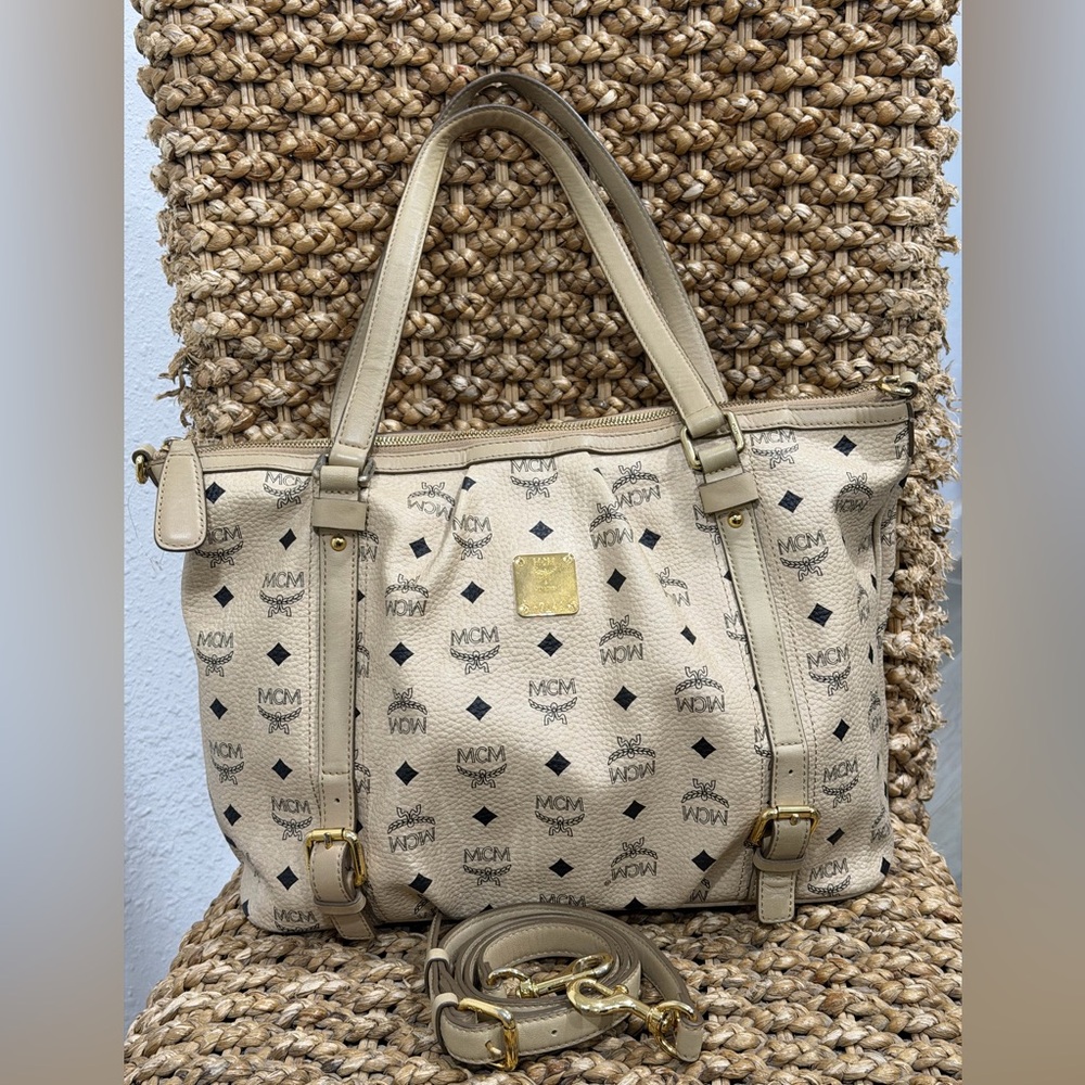 MCM Visetos‎ Beige Leather Shoulder/Crossbody Tote Bag